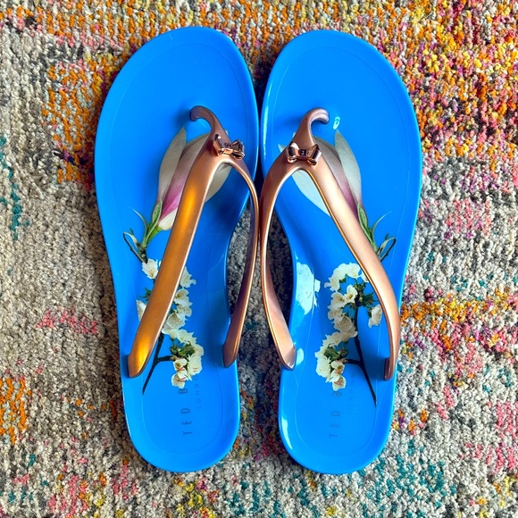 Ted Baker Shoes - Ted Baker Blue and Rose Gold “Obshah” Flip Flops, size 39